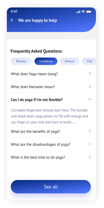 UI design of the Yogadgine app FAQ screen