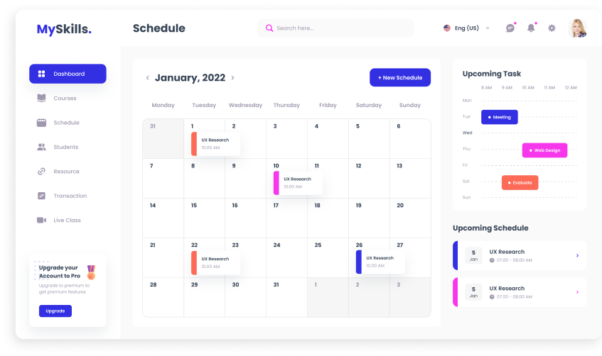 UI design of MySkills schedule page with calendar view