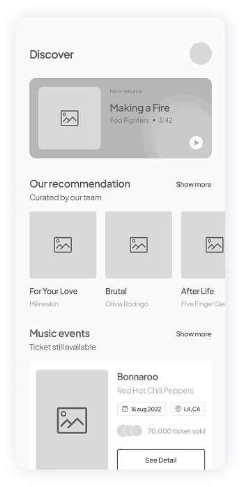 Muzz app discovery section wireframe