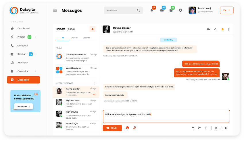 UI design of Datagile messages dashboard