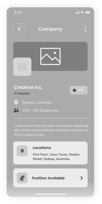 Rocket app wireframe displaying the company profile screen