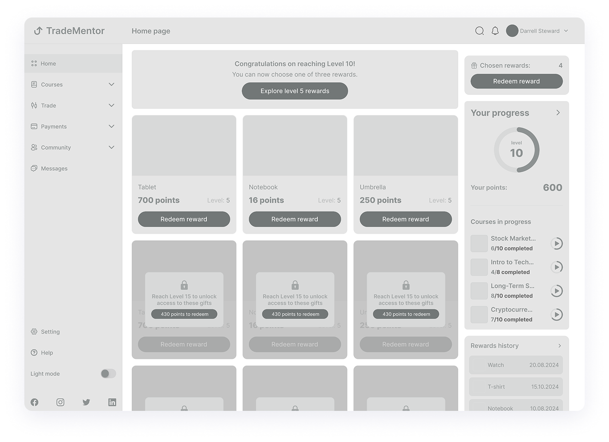 ux design of the TradeMentor home page 