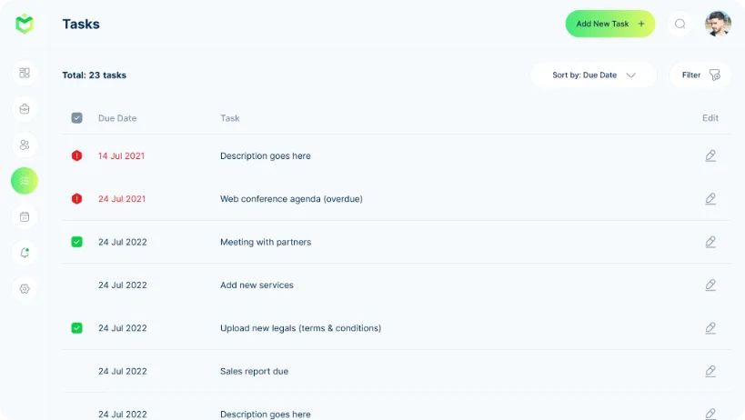UI design of the Realtix CRM tasks page