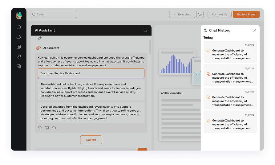 ChatBot UI design with AI Assistant query response and chat history