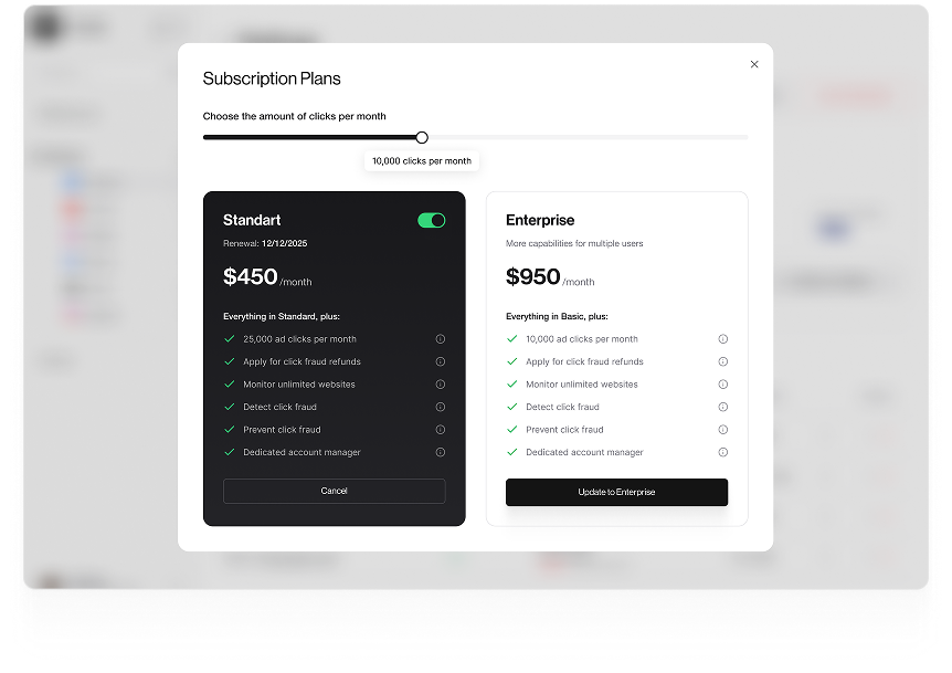 UI design of ProTraffic subscription plan selection dashboard