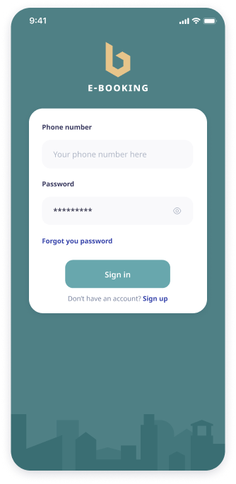 E-booking app login screen