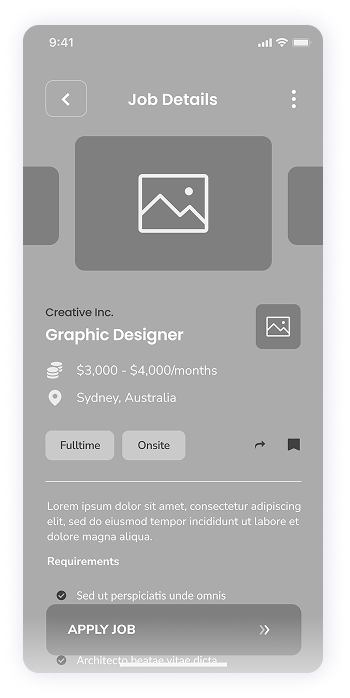 Rocket app wireframe displaying the job details screen