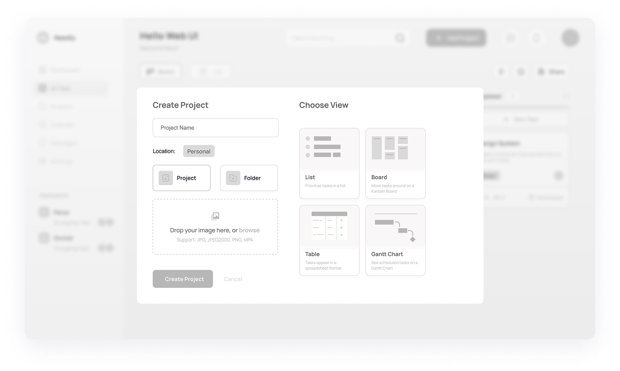 Needly project creation screen wireframe