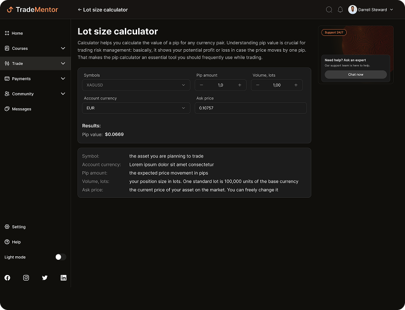 UI design of the TradeMentor lot size calculator page