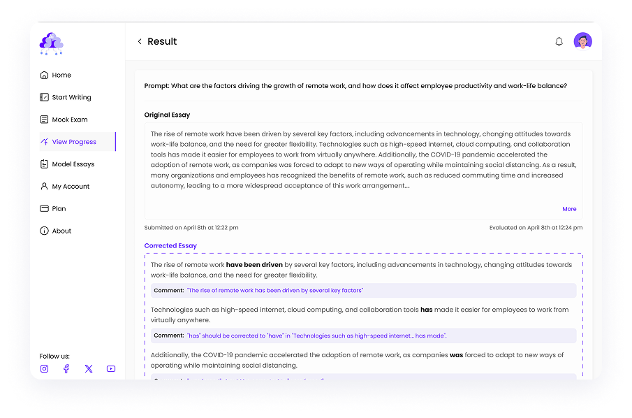 UI design of Writemaster essay result page