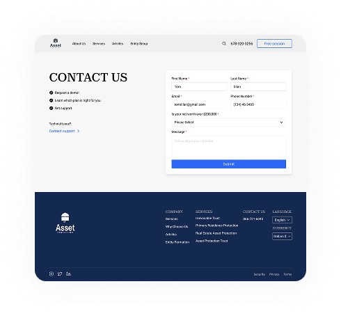 UI design of the Asset Protection contact page