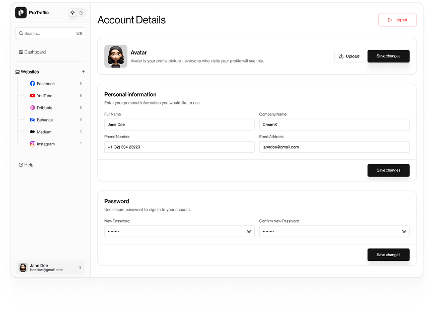 UI design of ProTraffic account details dashboard