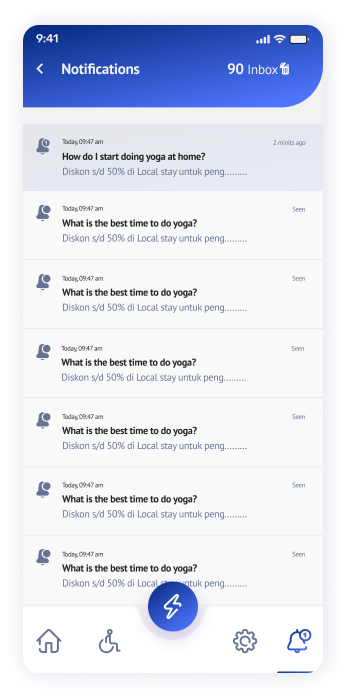 UI design of the Yogadgine app notifications screen