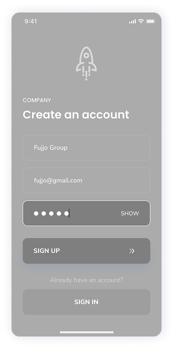 Rocket app wireframe showing the company account creation screen