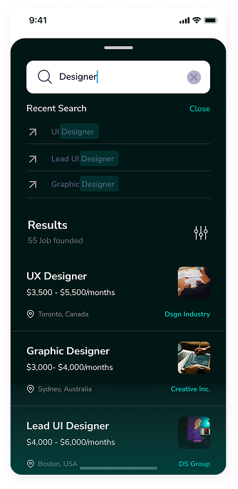 UI design of Rocket app-s job search results screen