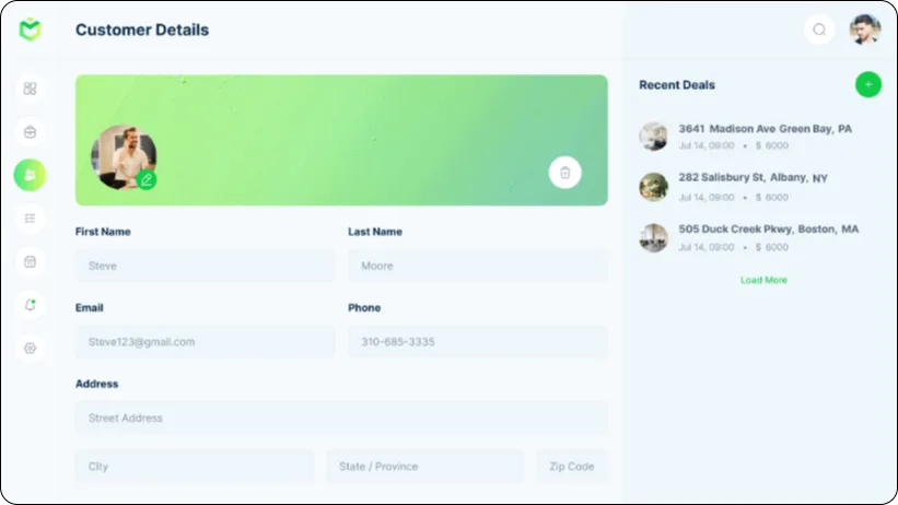 UI design of the Realtix customer details page