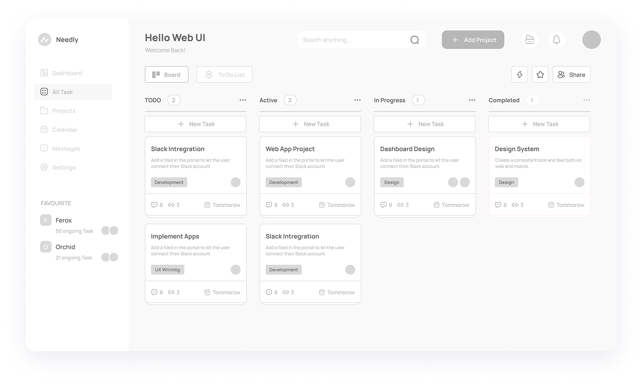 Needly all task dashboard wireframe