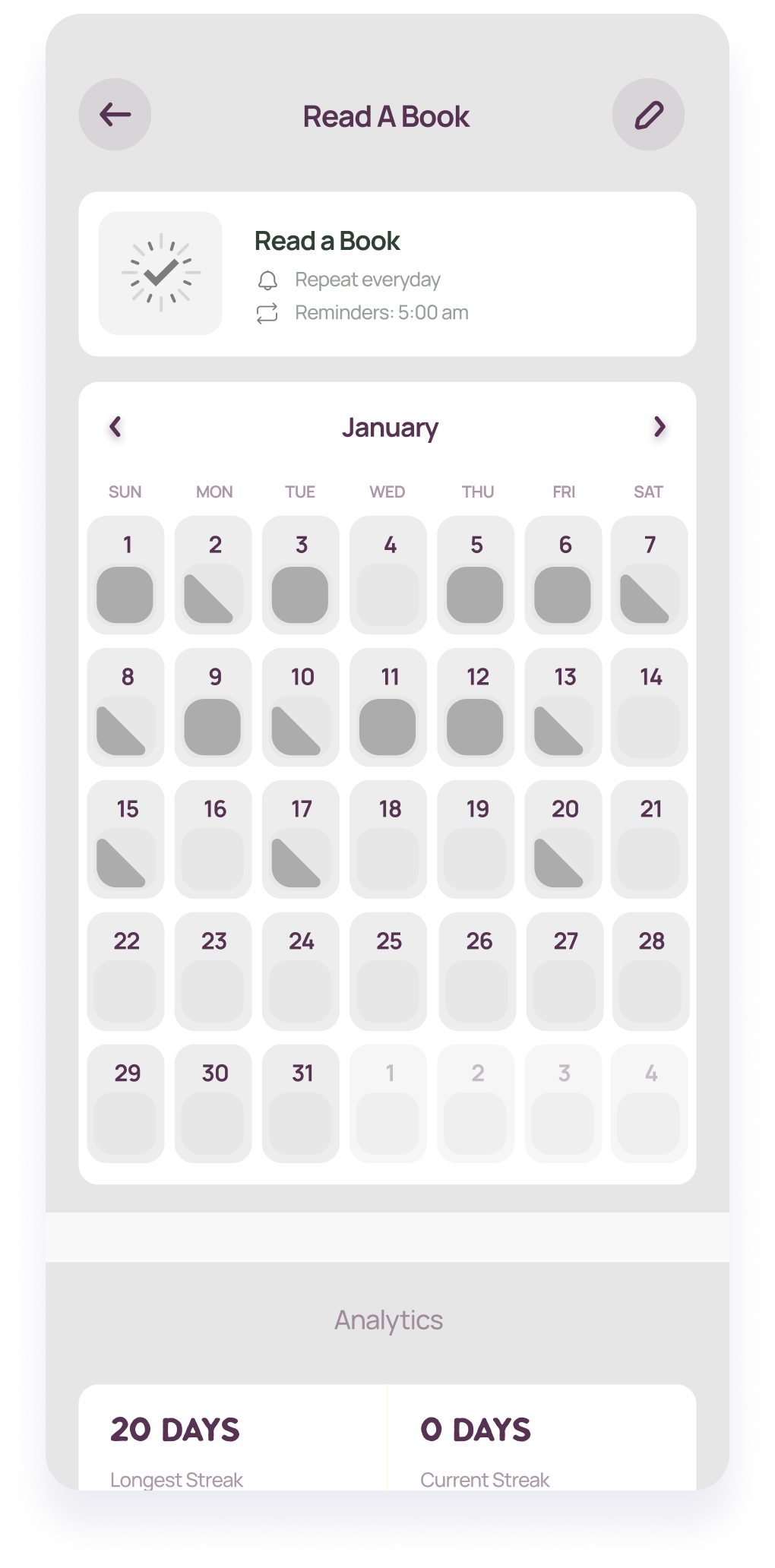 LifeBalance habit tracker calendar wireframe