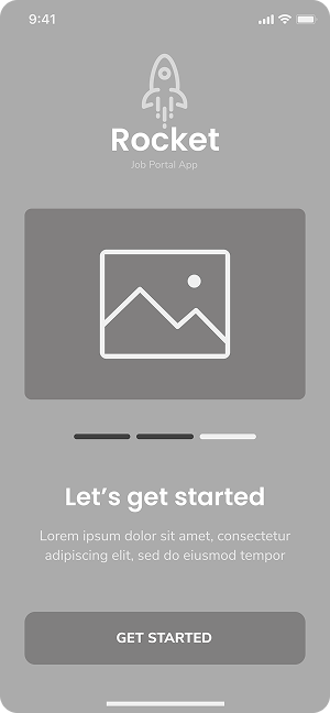 Wireframe of the Rocket job portal app-s introductory screen