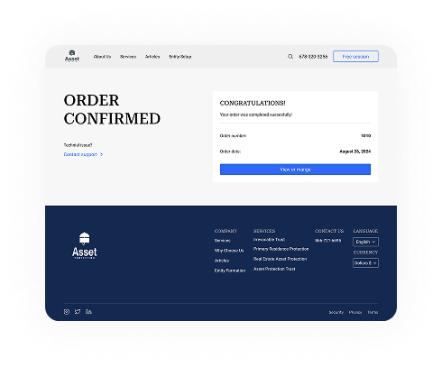 UI design of the Asset Protection order confirmation page