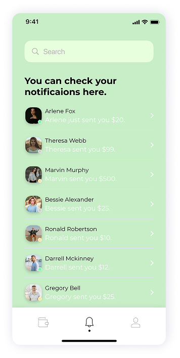 UI design of MoneyPay notifications screen