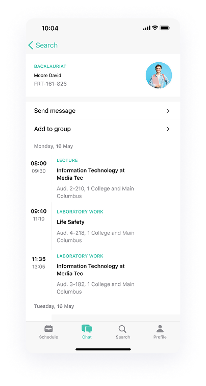 UI design displaying the University Student app-s contact profile screen
