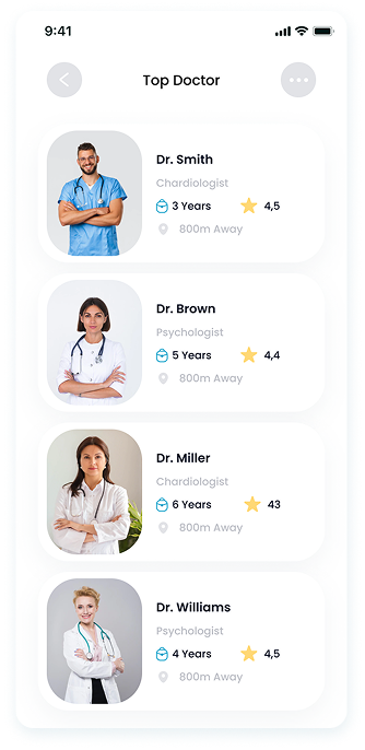 UI design of the E-Doctor app-s top doctor screen