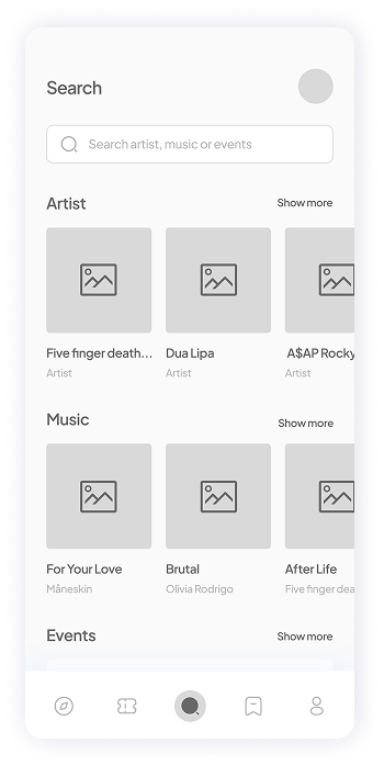 Wireframe of Muzz app search screen