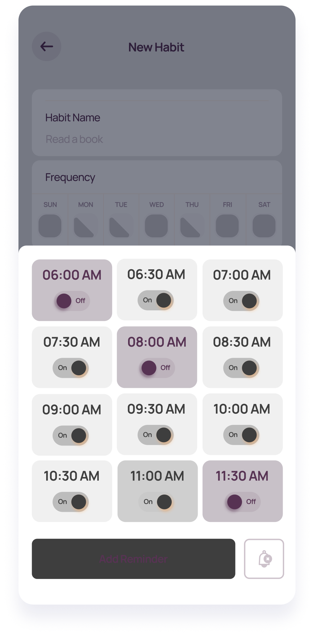 Wireframe of a LifeBalance screen displaying a habit schedule