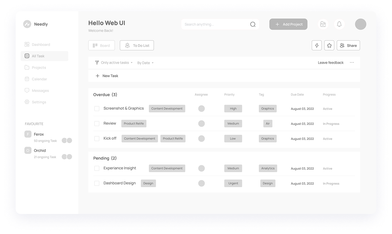 Wireframe of Needly-s task dashboard