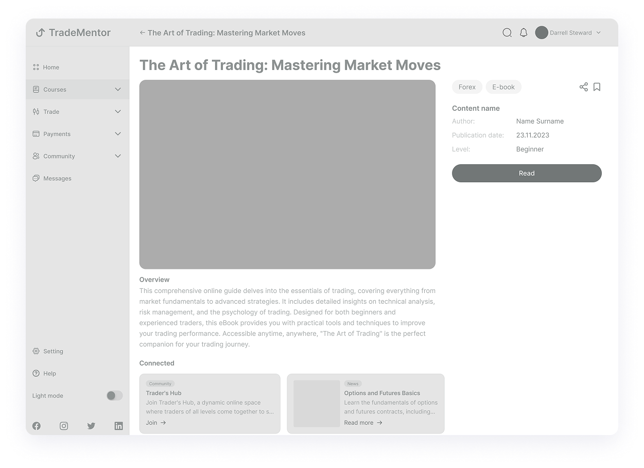 Wireframe of the TradeMentor e-book detail page