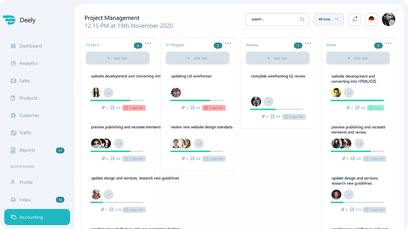 Deely project management dashboard design