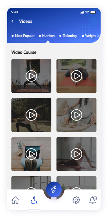 UI design of the Yogadgine app videos screen