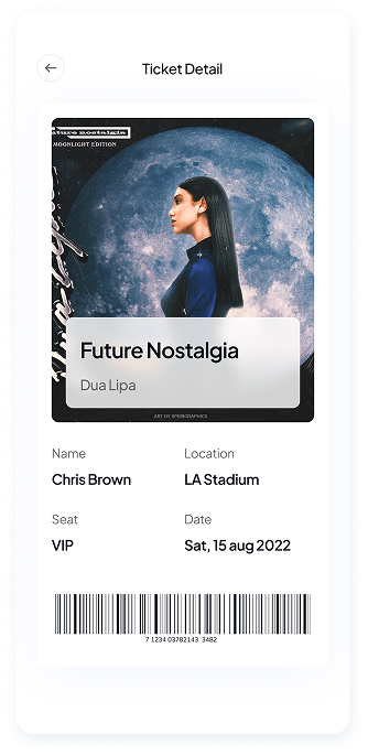 UI design of Muzz app ticket detail screen