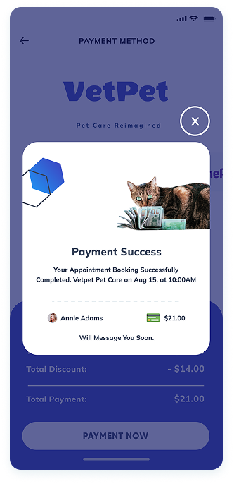 UI design of the VetPet app-s payment success screen