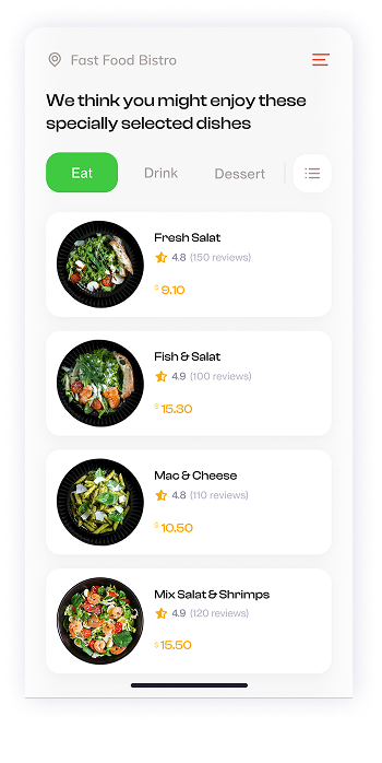 Have Meal app recommended dishes screen UI design