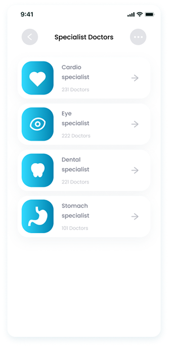 UI design of the E-Doctor app-s specialist doctors screen with a list of specialists