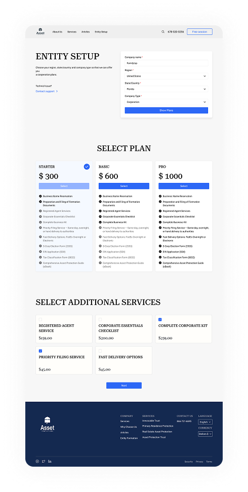 UI design of the Asset Protection select plan page