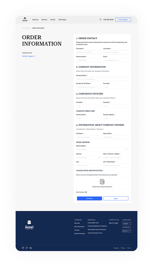 UI design of the Asset Protection order information page