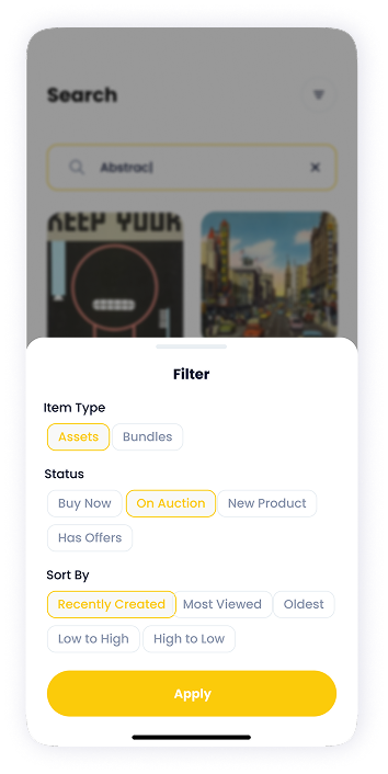 NFT Store search filters screen UI design