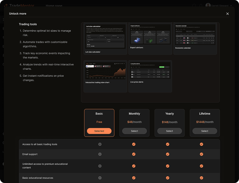 UI design of the TradeMentor pricing page