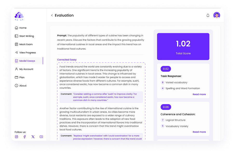 UI design of Writemaster evaluation page