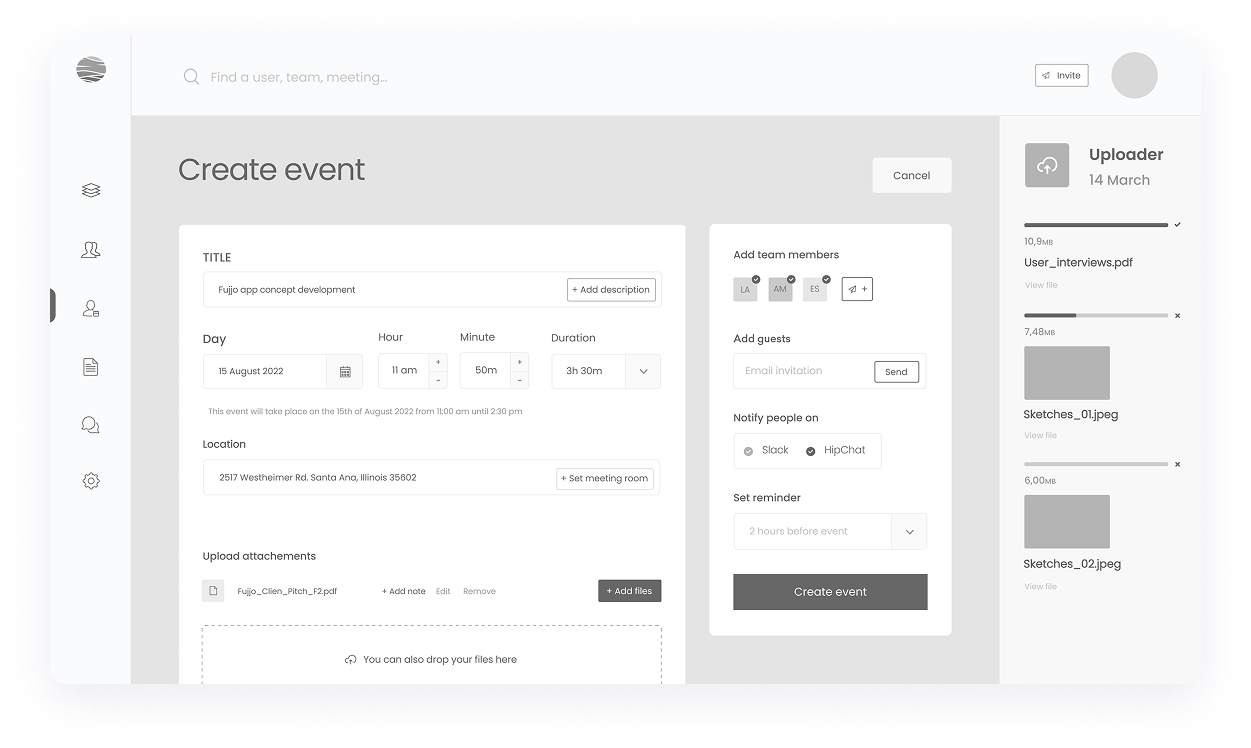 Bounce create event dashboard wireframe