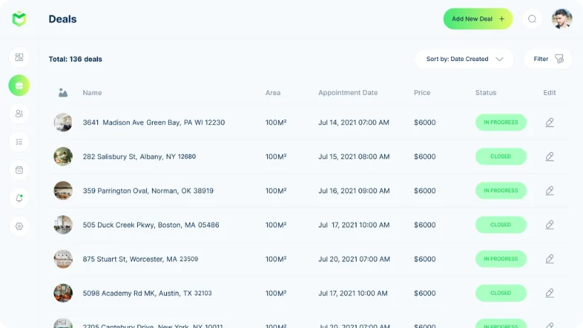 UI design of the Realtix CRM deals page