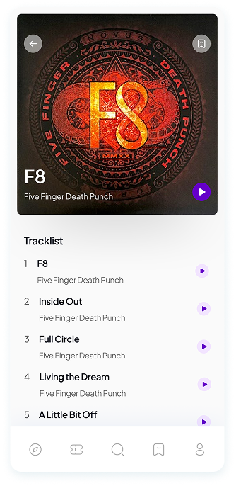 UI design of Muzz app album tracklist screen