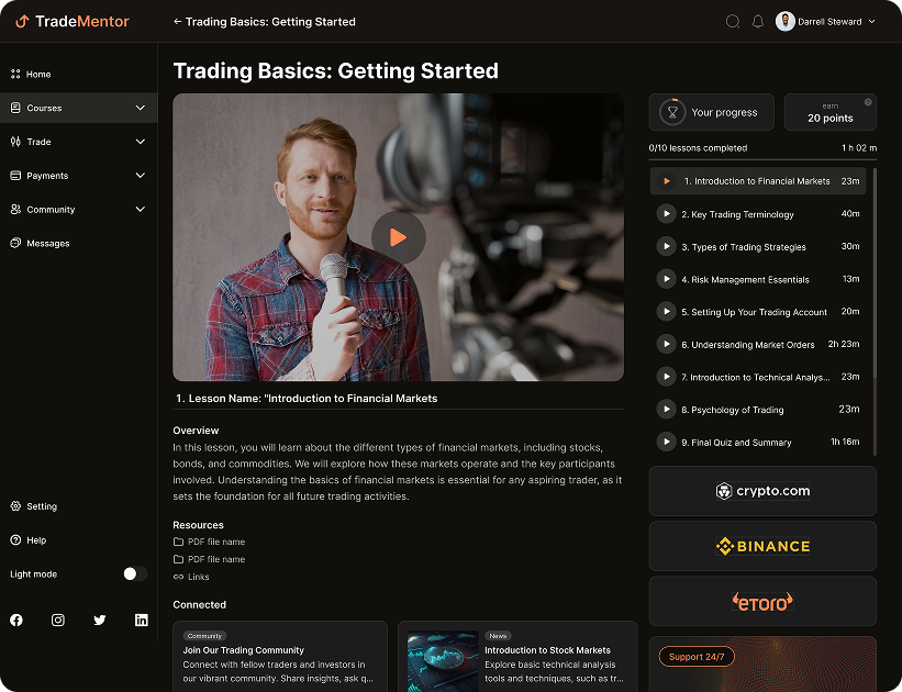 UI design of the TradeMentor educational video screen