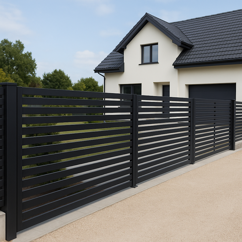 Nowoczesne ogrodzenie stalowe przy eleganckim domu jednorodzinnym