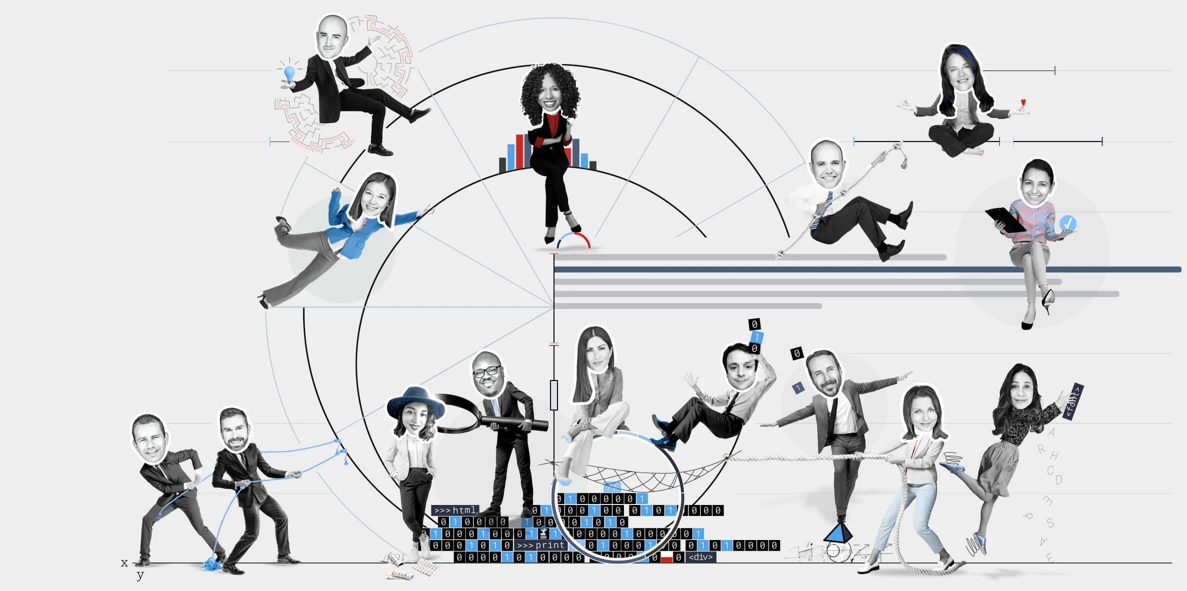 A photo illustration of the ADP Research team. Clockwise from top right, Ben Hanowell, Director, People Analytics; Nela Richardson, Ph.D., Chief Economist, ESG Officer, and head of ADP Research; Jeff Nezaj, Senior principal data scientist; Mary Hayes, Ph.D., Research director, People & Performance; Fraila Francis, Technical project manager; Laurie Lawrence, Senior data visualization designer; Kristi Pavel, Senior director, ESG Program Management; Tim Decker, Senior principal data scientist; Ian Shuff, Lead application developer; Marie Antonello, Chief of staff, head of strategic initiatives and partnerships; Sam Adieze, Data scientist; Lisha Peña, Senior executive administrator; Jared Northup, Research analyst, People & Performance; Issi Romem, PH.D., Research fellow.