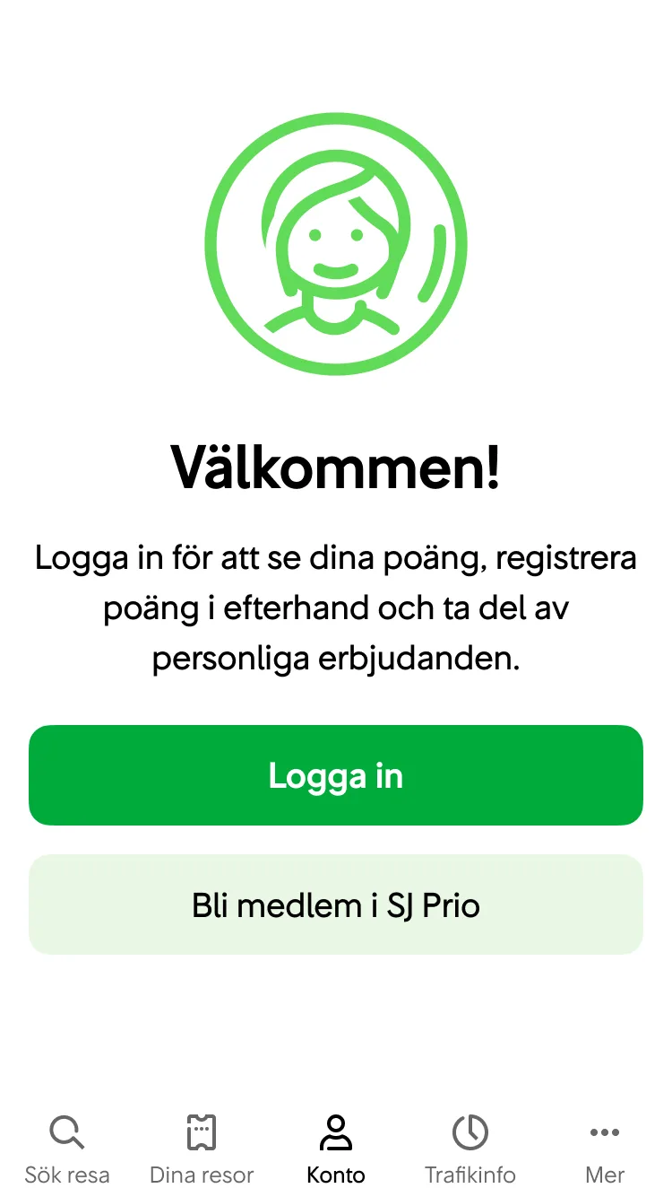 Användaren går in på Konto-sidan utan att ha loggat in.