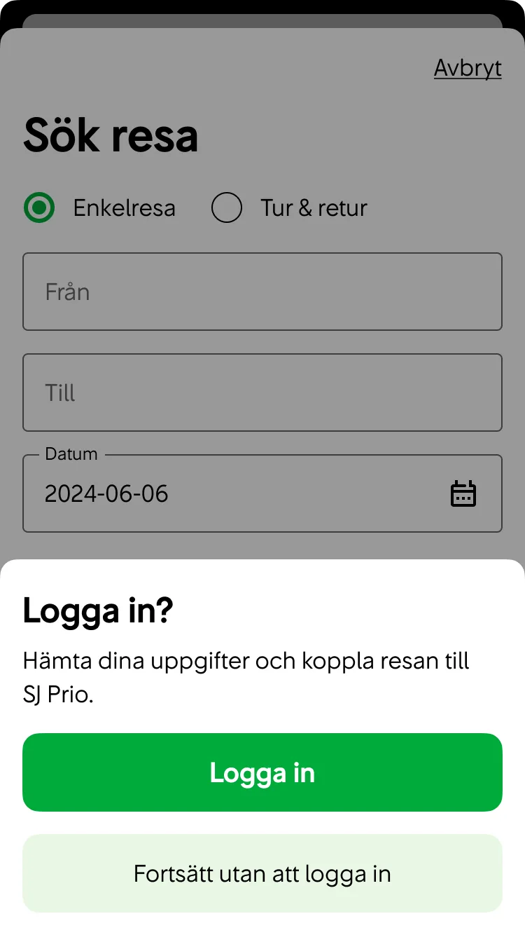 Logga in-dialog på Sök resa-sidan i köpflödet.